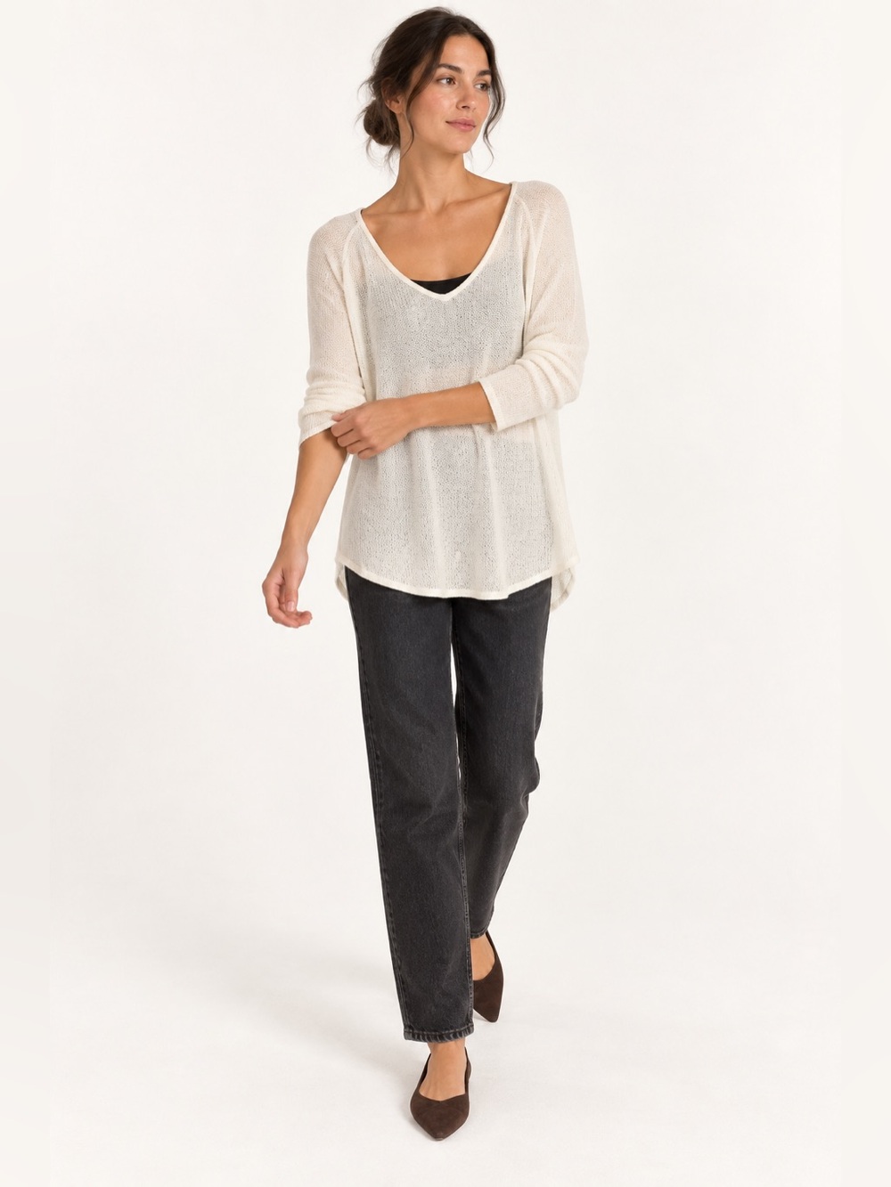 Vitamin A Cream Sheer Modal Open Knit V Neck Tunic Top Made USA M